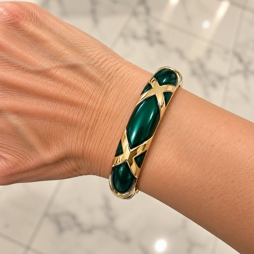 Vintage Gold Tone Emerald Green Hinged Bangle Bracelet Geometric Crossover Deco